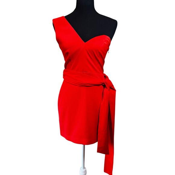 NBD Revolve Jasper Mini Dress Size SMALL One Shoulder Red Orange Sash Bow - Picture 2 of 12
